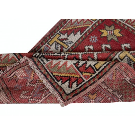 Handmade Geometric Medallion Design Rug, Small Vintage Turkish Red Carpet