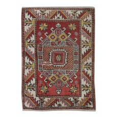 Handmade Geometric Medallion Design Rug, Small Vintage Turkish Red Carpet