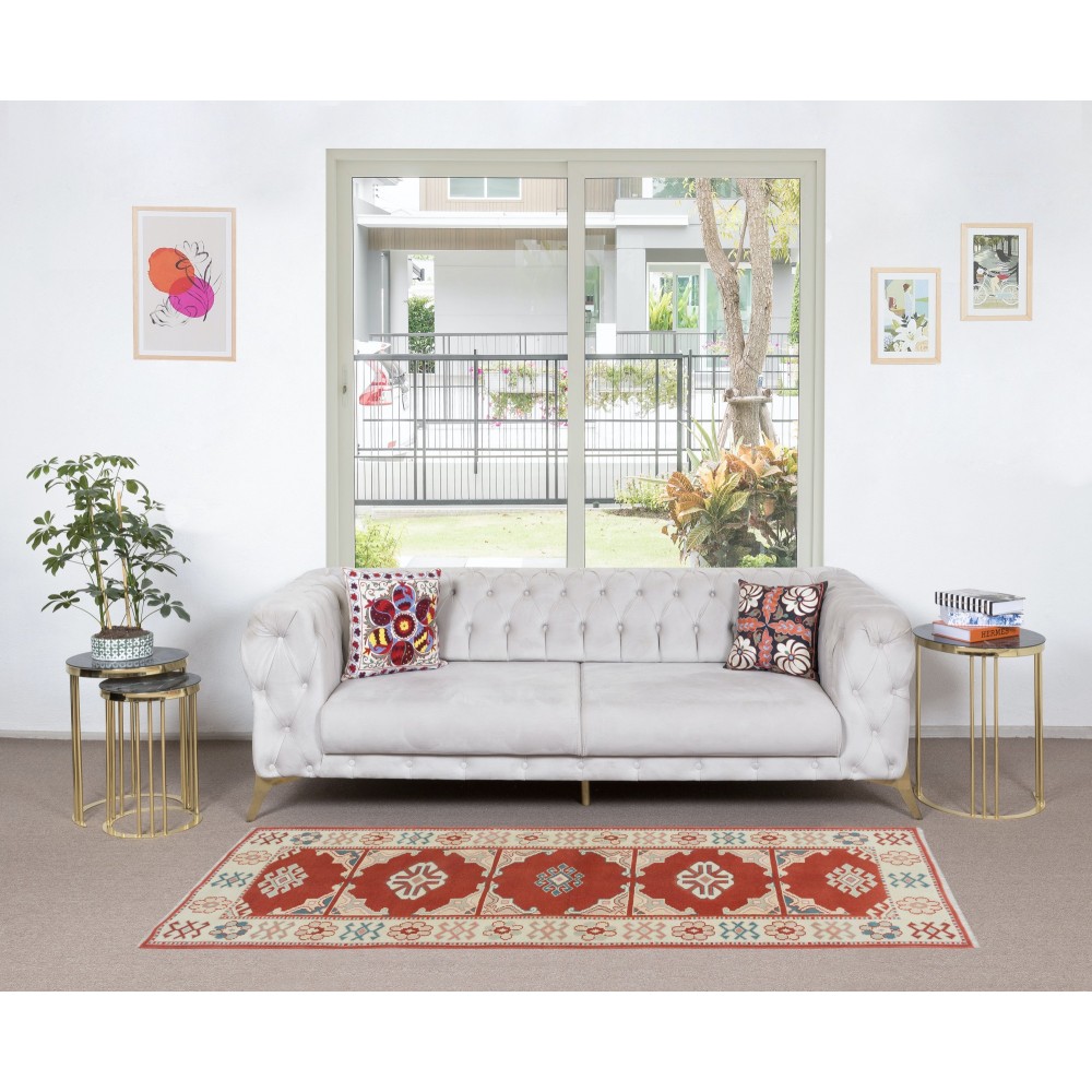 Handmade Turkish Rug in Red & Beige, Small Hallway Runner, 100% Wool