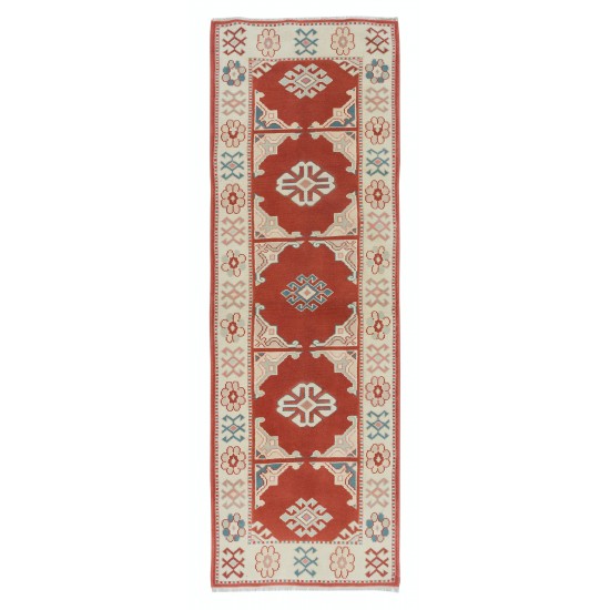 One of a Kind Turkish Rug in Red & Beige, Small Hallway Runner, 100% Wool