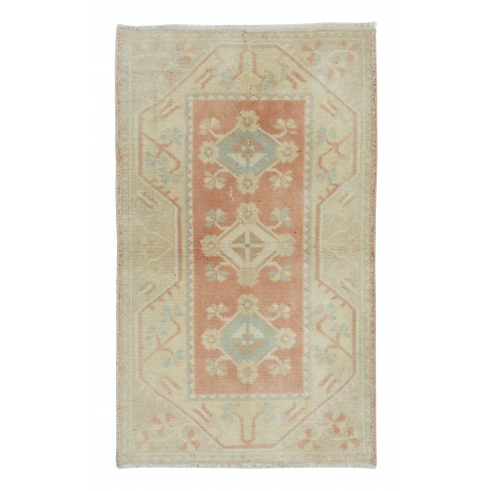 Faded Hand Knotted Turkish Milas Rug, Vintage Antique Washed Carpet
