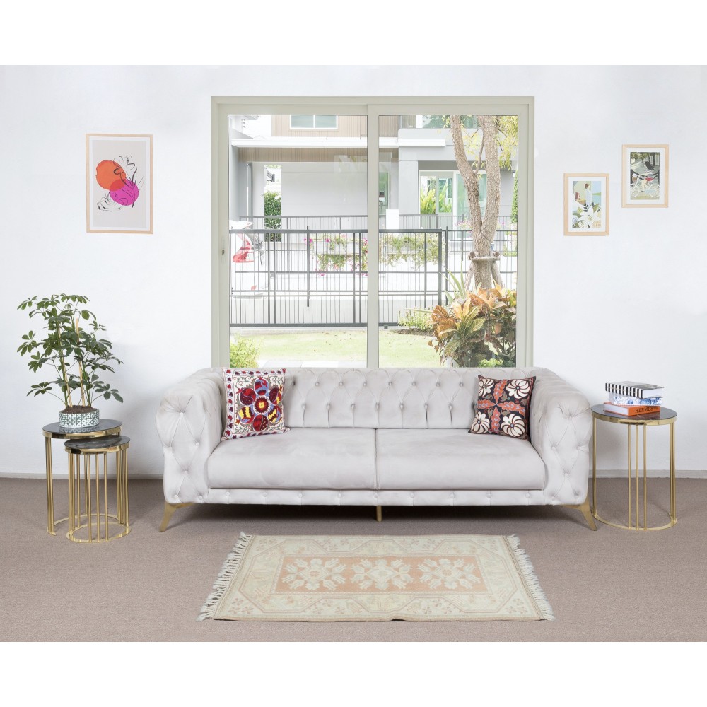One-of-a-pair Vintage Handmade Turkish Milas Accent Rug in Soft Red and Beige Colors, 100% Wool