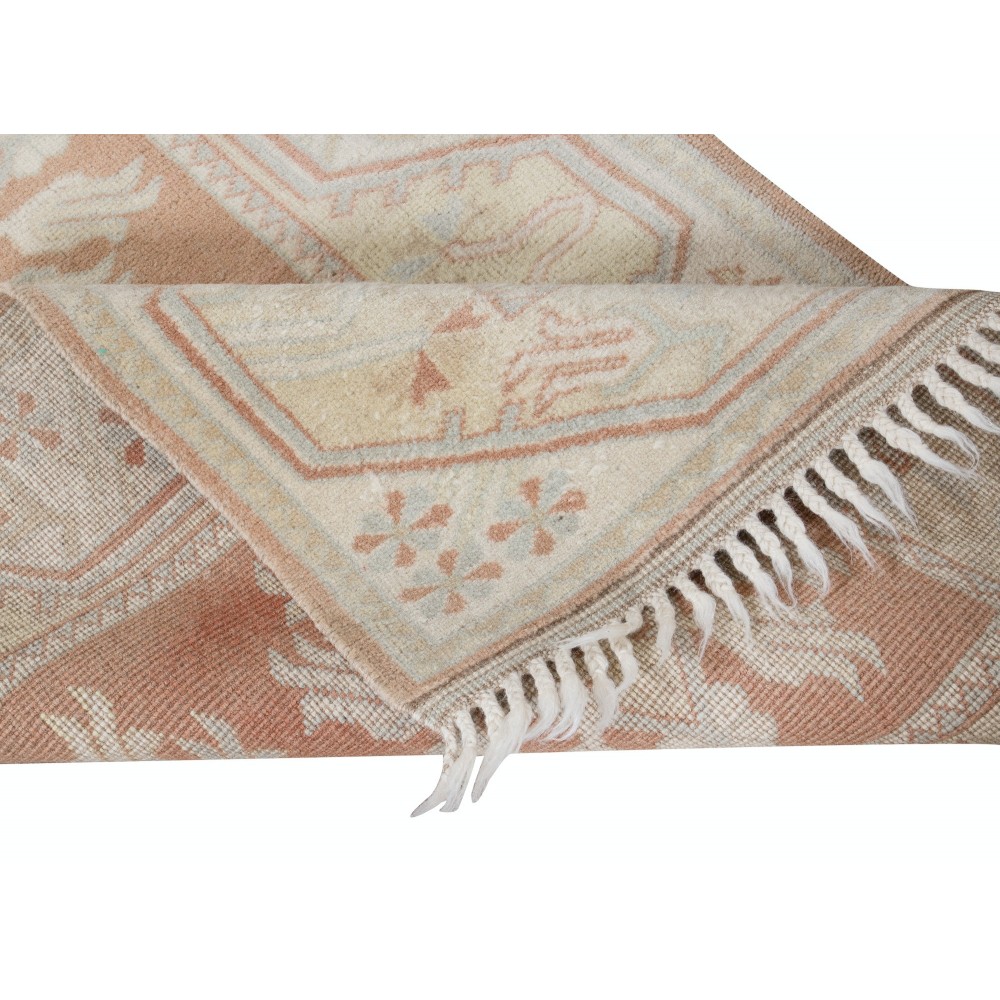 One-of-a-pair Vintage Handmade Turkish Milas Accent Rug in Soft Red and Beige Colors, 100% Wool