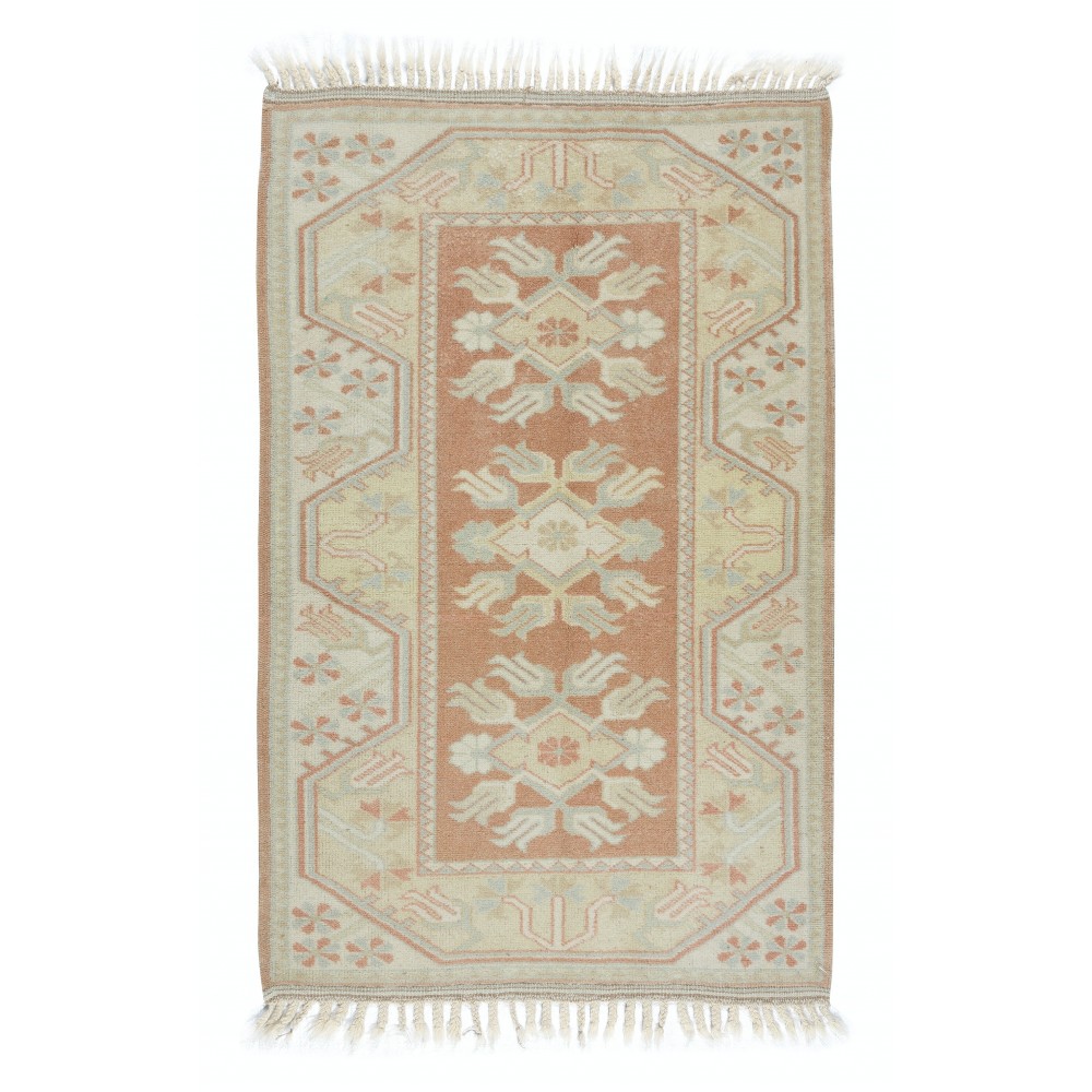 One-of-a-pair Vintage Handmade Turkish Milas Accent Rug in Soft Red and Beige Colors, 100% Wool