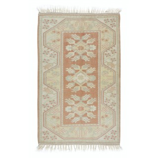 One-of-a-pair Vintage Handmade Turkish Milas Accent Rug in Soft Red and Beige Colors, 100% Wool