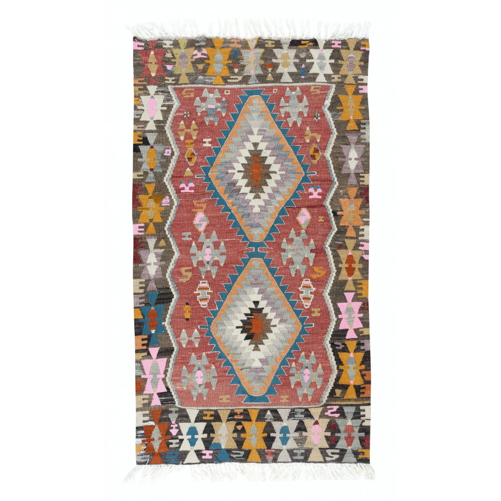 Colorful Vintage Sweden Scandinavian Small Kilim 'Flat Weave' with Geometric Patterns, All Wool