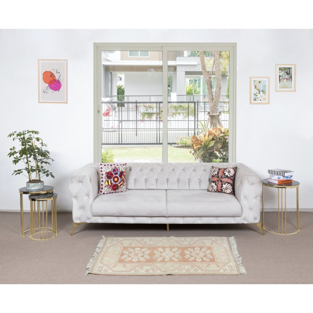 One-of-a-pair Vintage Handmade Turkish Milas Accent Rug in Soft Red and Beige Colors, 100% Wool