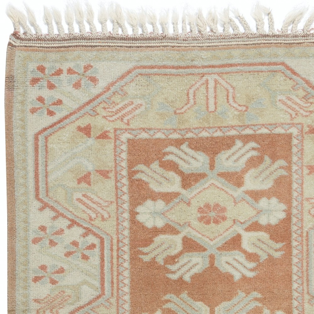One-of-a-pair Vintage Handmade Turkish Milas Accent Rug in Soft Red and Beige Colors, 100% Wool