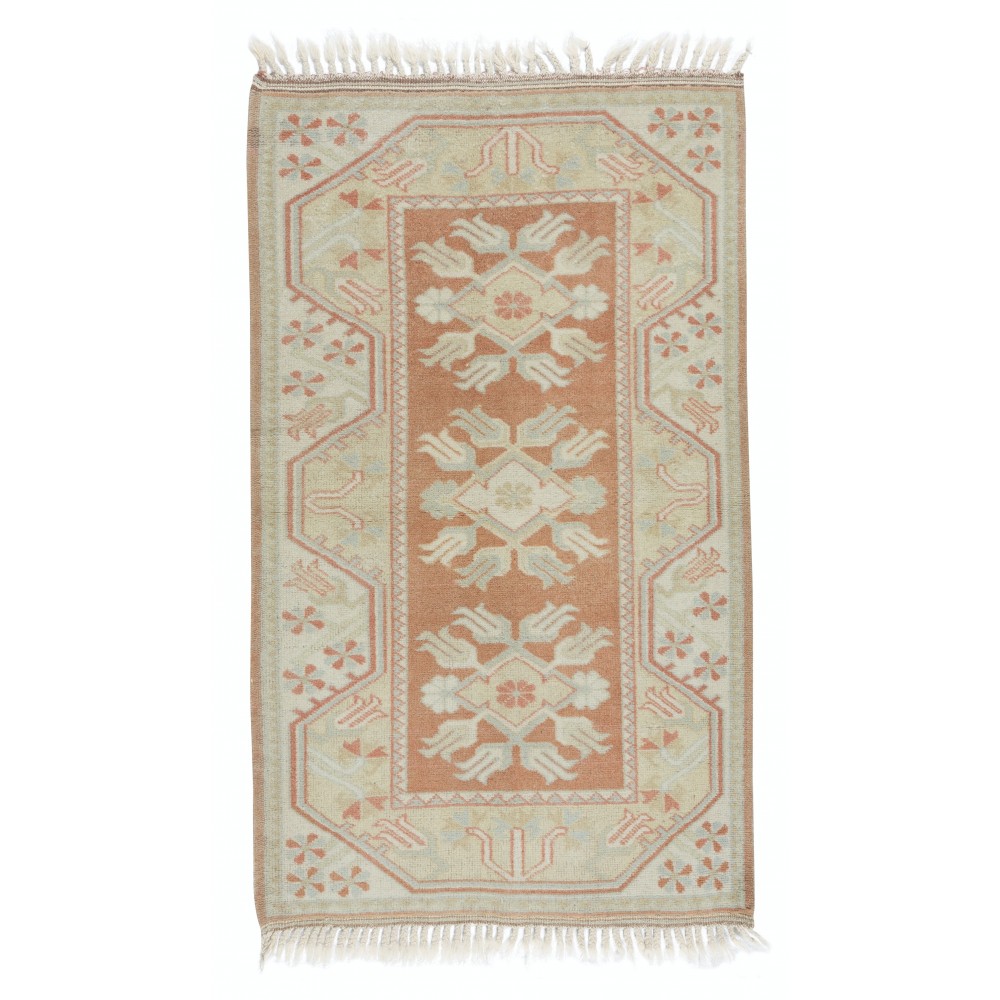 One-of-a-pair Vintage Handmade Turkish Milas Accent Rug in Soft Red and Beige Colors, 100% Wool