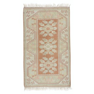 One-of-a-pair Vintage Handmade Turkish Milas Accent Rug in Soft Red and Beige Colors, 100% Wool