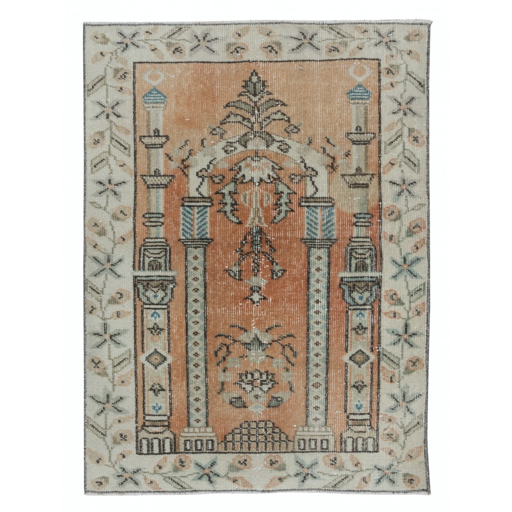 Vintage Prayer Rug in Soft Red & Beige, Handmade Turkish Small Rug