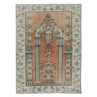 Vintage Prayer Rug in Soft Red & Beige, Handmade Turkish Small Rug