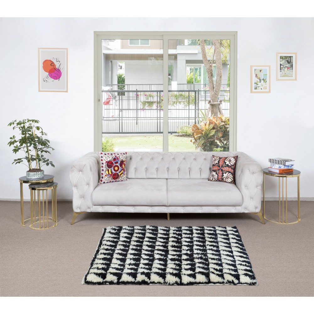 Modern Handmade Tulu Rug Made of Black & Beige Wool, Triangle Motif Shaggy Small Carpet