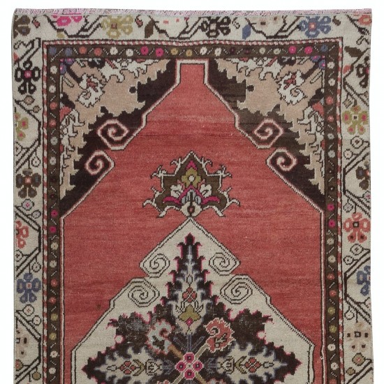 Hand Knotted Vintage Hallway Runner Rug in Red with Colorful Medallions