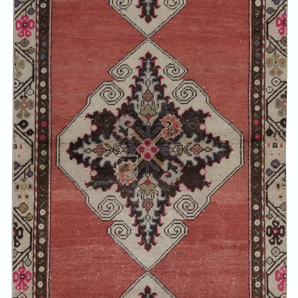 Hand Knotted Vintage Hallway Runner Rug in Red with Colorful Medallions