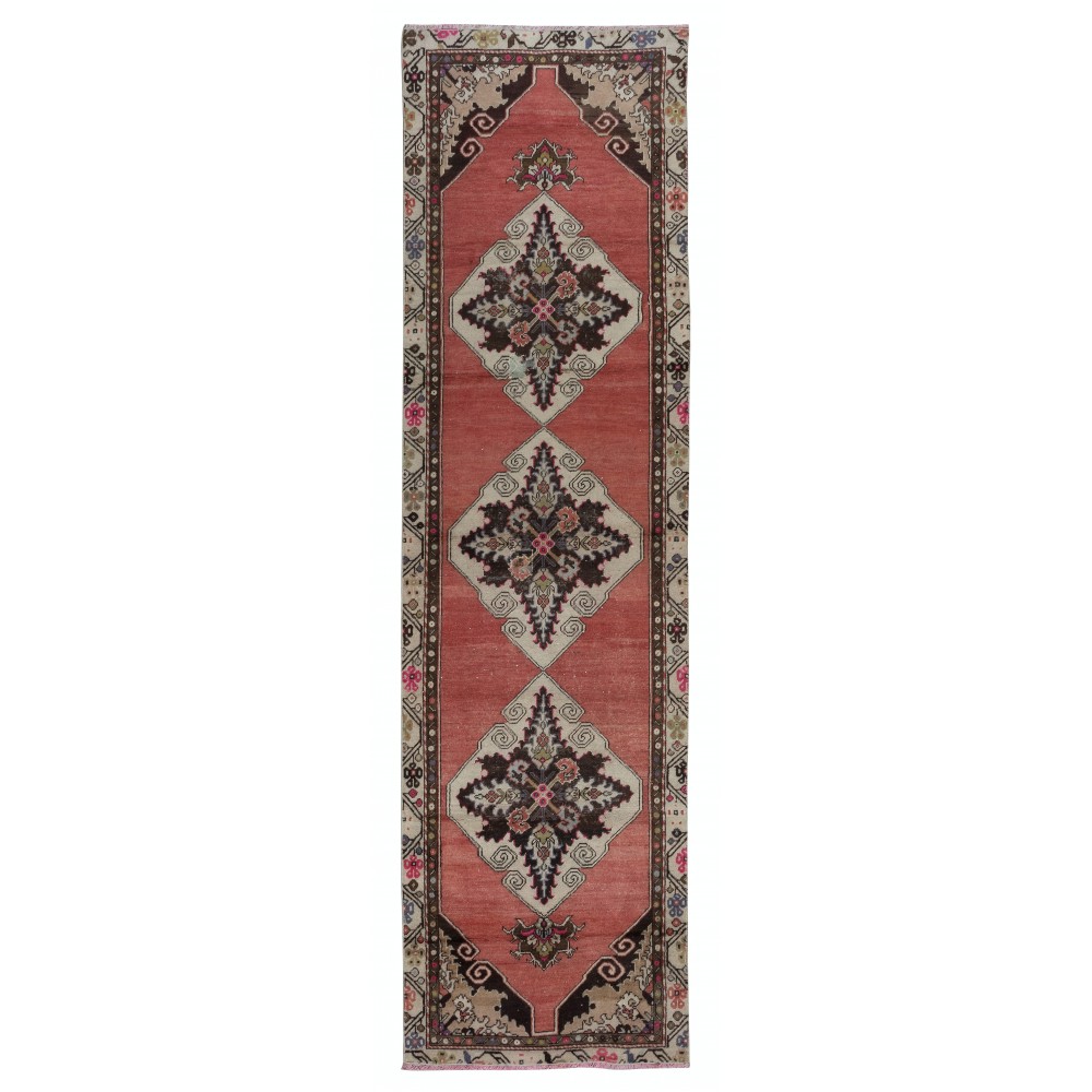 Hand Knotted Vintage Hallway Runner Rug in Red with Colorful Medallions