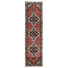 Hand Knotted Vintage Hallway Runner Rug in Red with Colorful Medallions