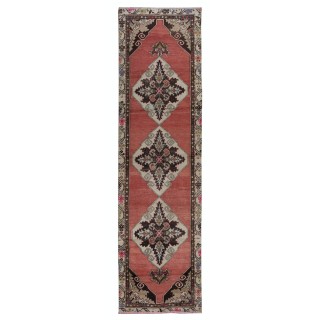 Hand Knotted Vintage Hallway Runner Rug in Red with Colorful Medallions