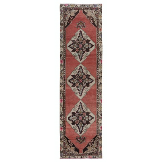 Hand Knotted Vintage Hallway Runner Rug in Red with Colorful Medallions