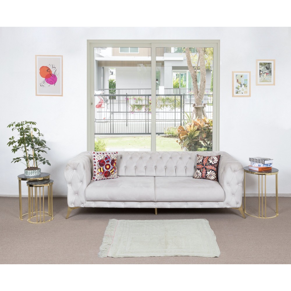 Vintage Anatolian "Tulu" Rug in Solid Beige, 100% Natural Wool, Minimalist Small Carpet