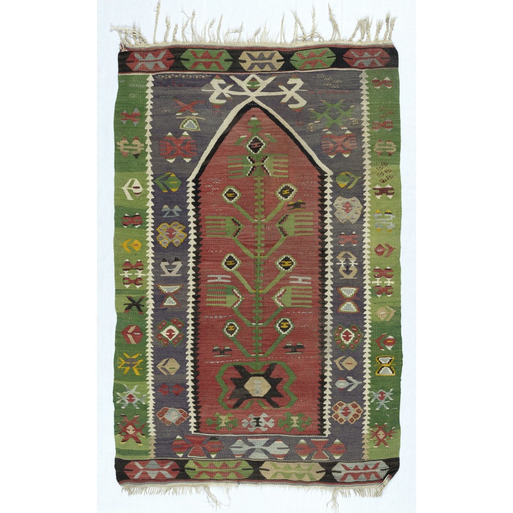 Hand-Woven Turkish Small Kilim. 100% Wool. Vintage Flat-Weave Prayer Rug