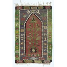 Hand-Woven Turkish Small Kilim. 100% Wool. Vintage Flat-Weave Prayer Rug