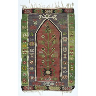 Hand-Woven Turkish Small Kilim. 100% Wool. Vintage Flat-Weave Prayer Rug
