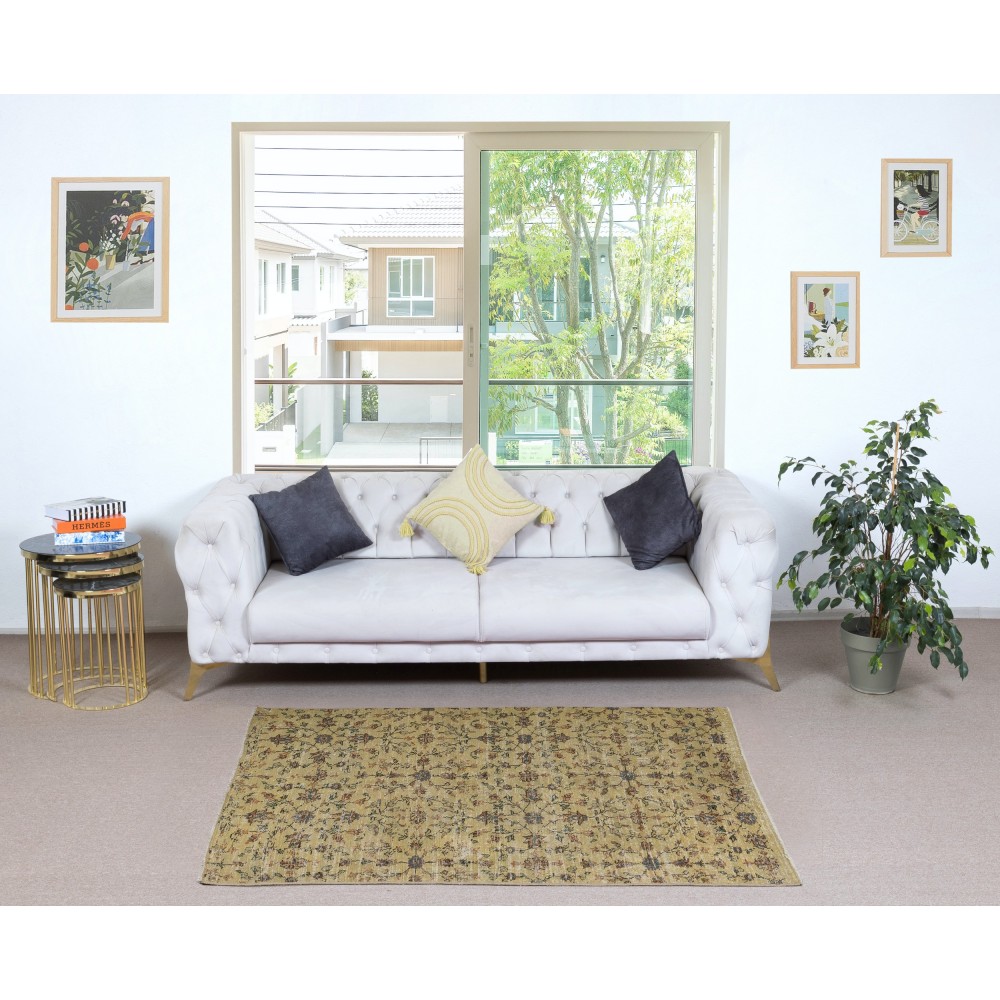 Handmade Floral Patterned Turkish Accent Rug in Yellow Color