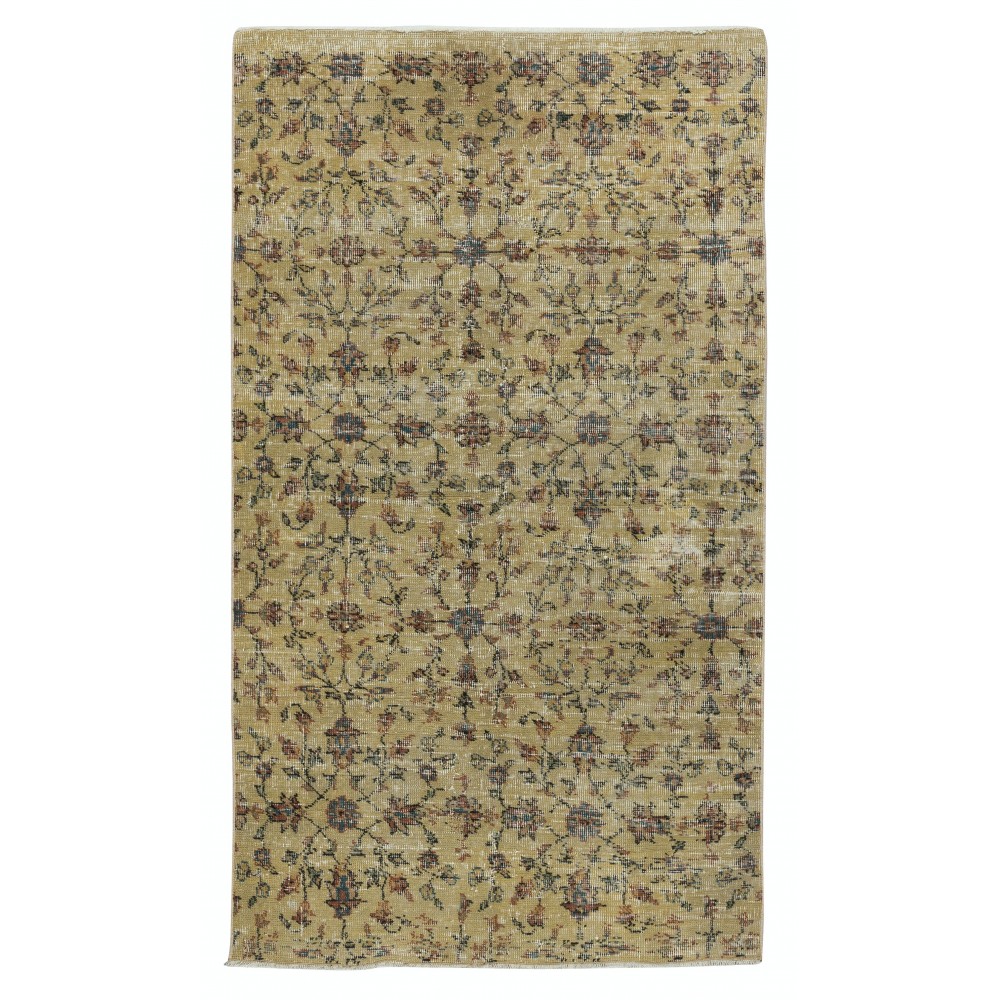 Handmade Floral Patterned Turkish Accent Rug in Yellow Color