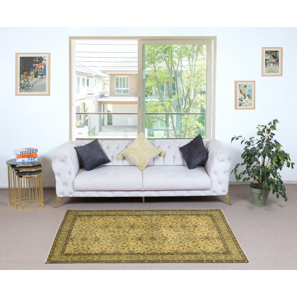 Handmade Floral Patterned Turkish Rug in Yellow Color, Contemporary Anti-bacterial Floor Covering