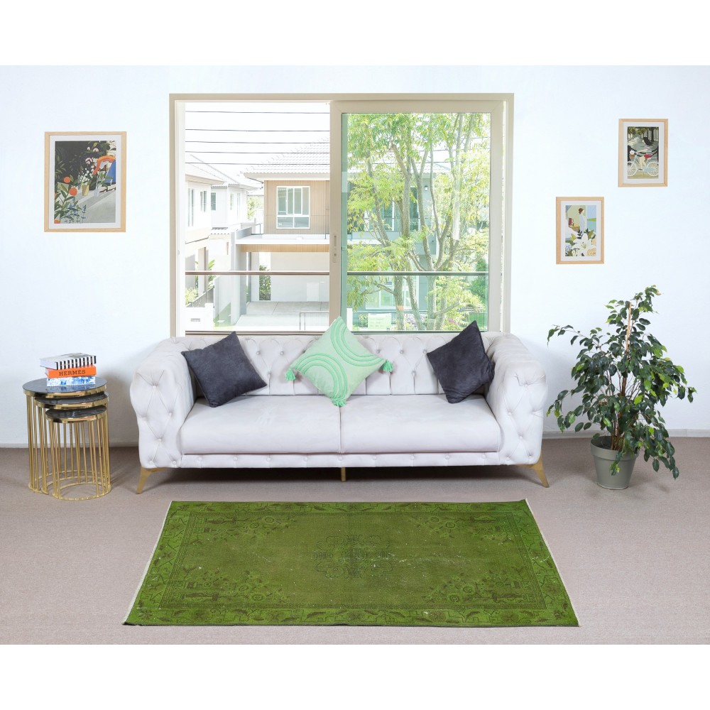 Contemporary Handmade Turkish Accent Rug in Green Color