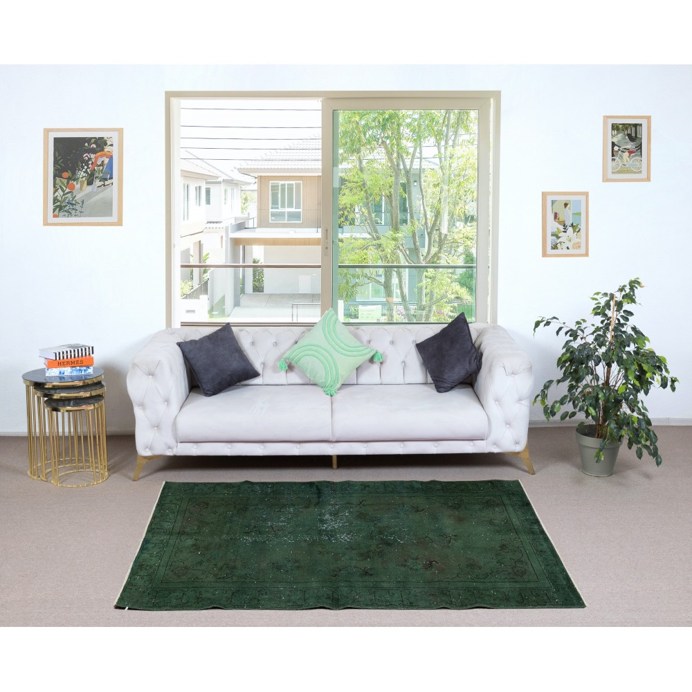 Contemporary Handmade Turkish Accent Rug in Dark Green. Woolen Floor Covering