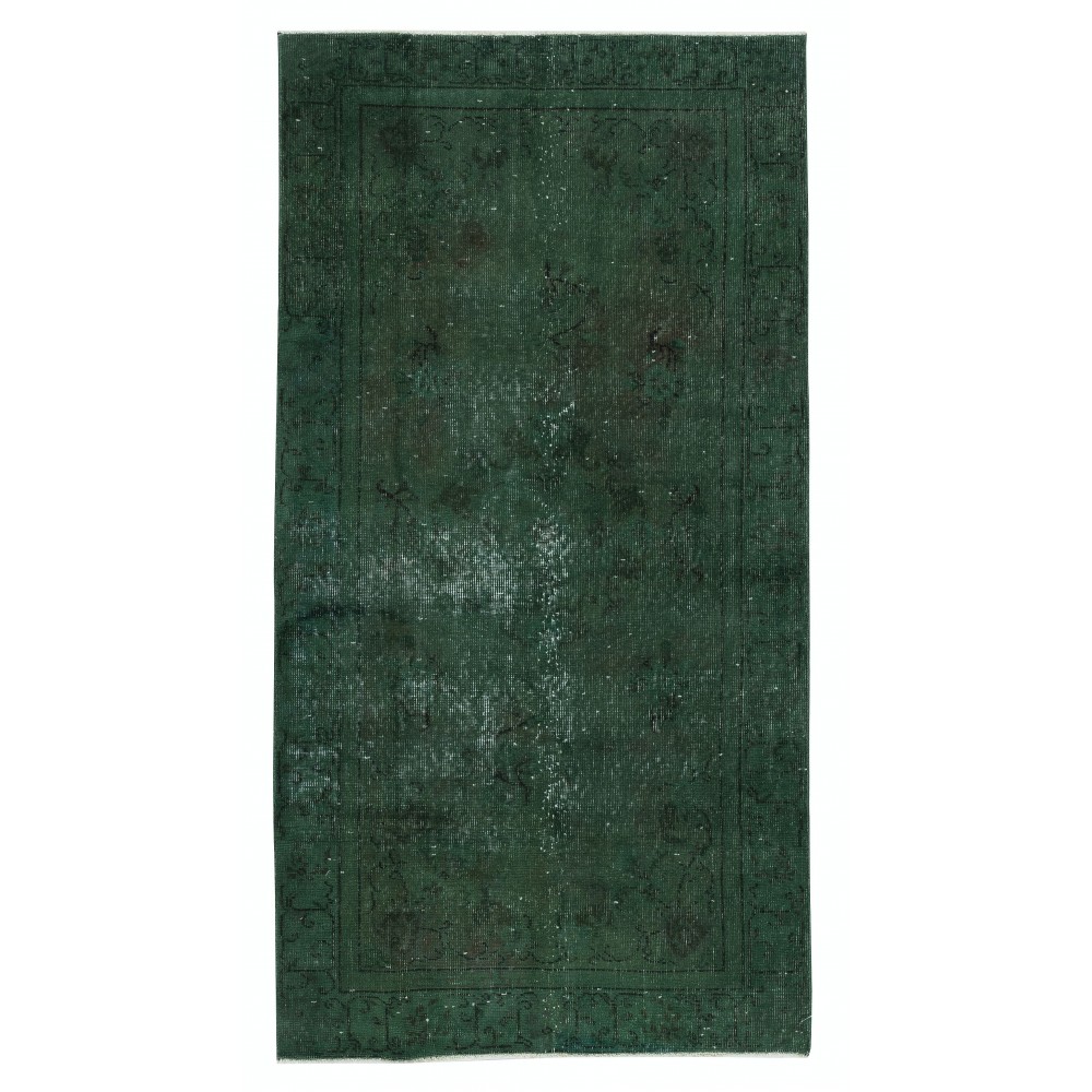 Contemporary Handmade Turkish Accent Rug in Dark Green. Woolen Floor Covering