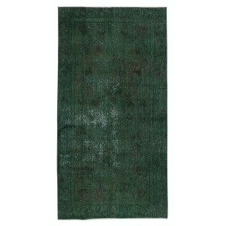 Contemporary Handmade Turkish Accent Rug in Dark Green. Woolen Floor Covering