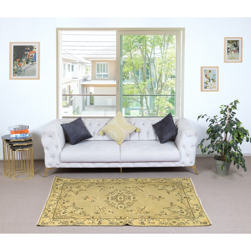 One of a pair Handmade Yellow Color Turkish Wool Rug with Art Deco Design