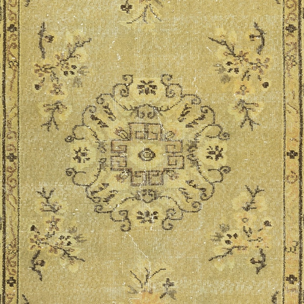 One of a pair Handmade Yellow Color Turkish Wool Rug with Art Deco Design