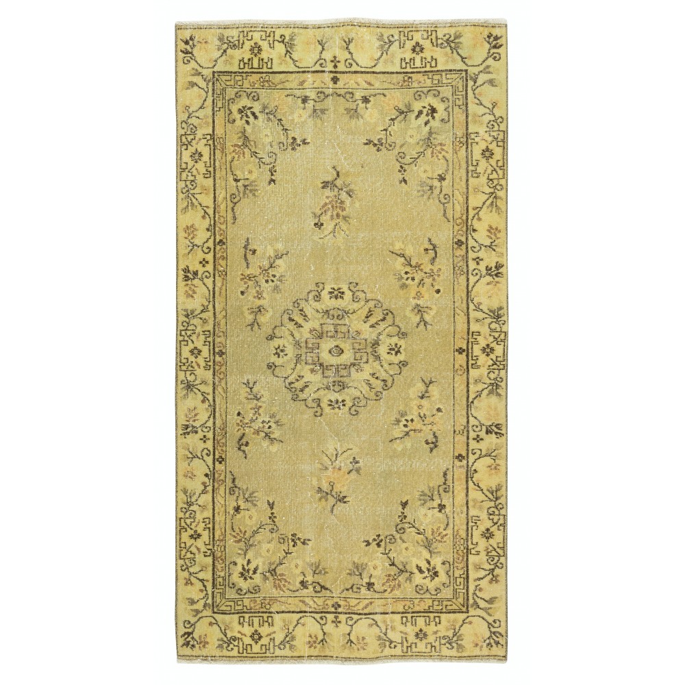 One of a pair Handmade Yellow Color Turkish Wool Rug with Art Deco Design