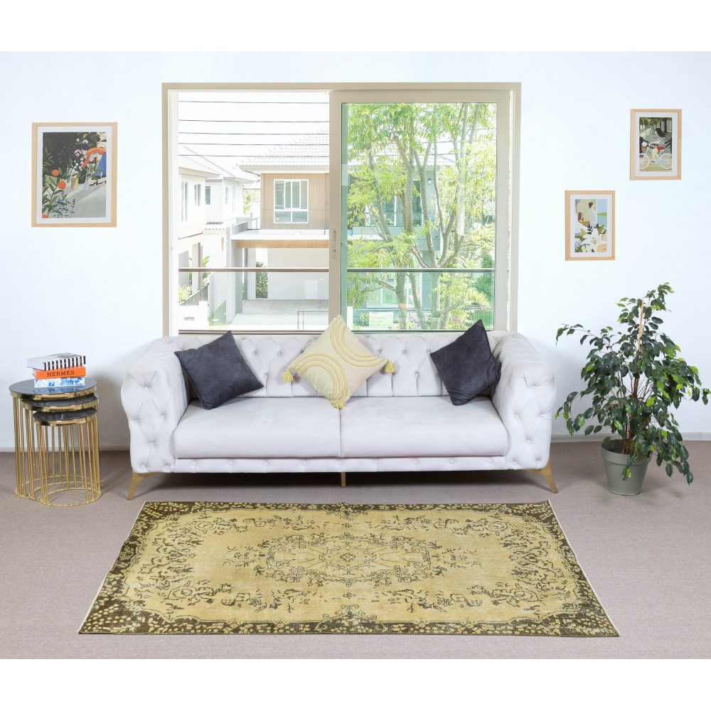 Contemporary Handmade Turkish Area Rug in Yellow with Medallion Design