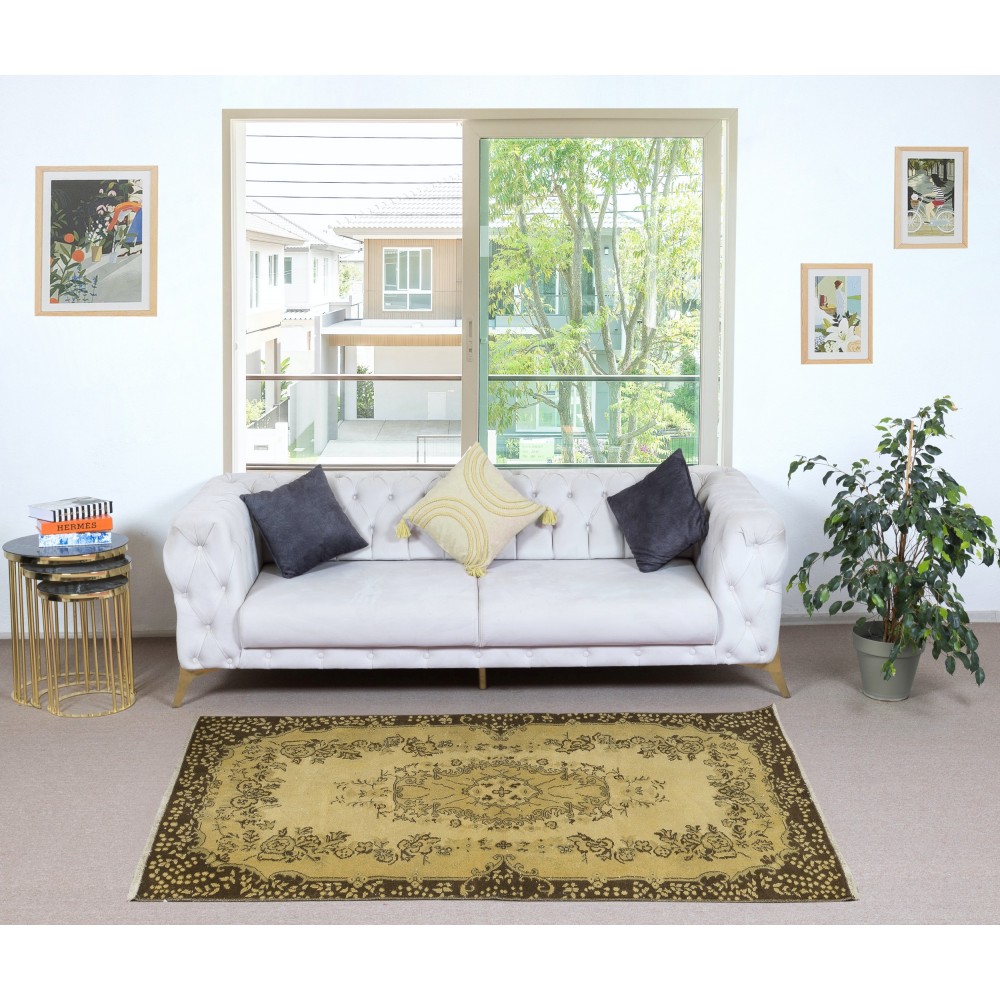 Modern Area Rug Over-Dyed in Yellow, Hand Knotted in Turkey