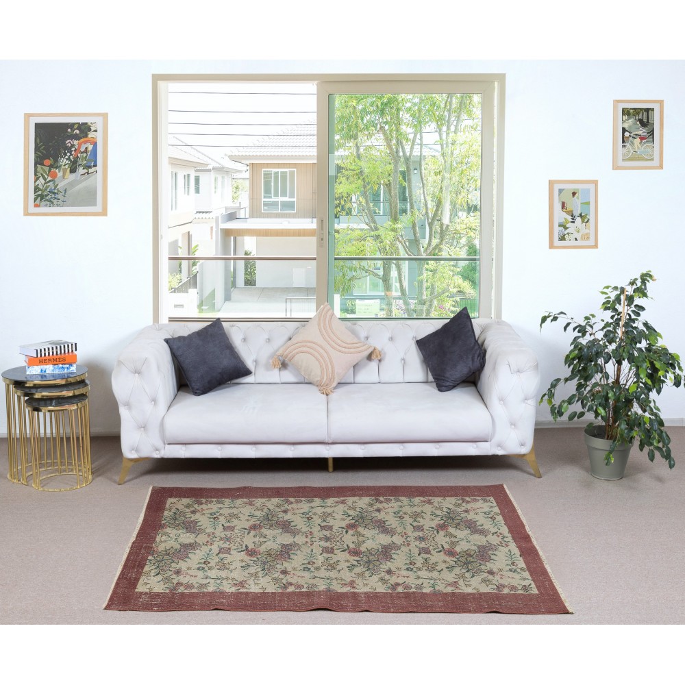 Vintage Handmade Beige Turkish Rug with Floral Design & Solid Red Border