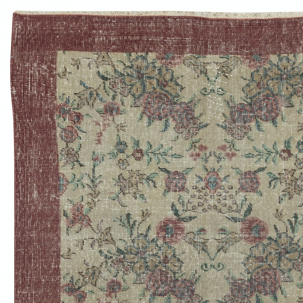 Vintage Handmade Beige Turkish Rug with Floral Design & Solid Red Border