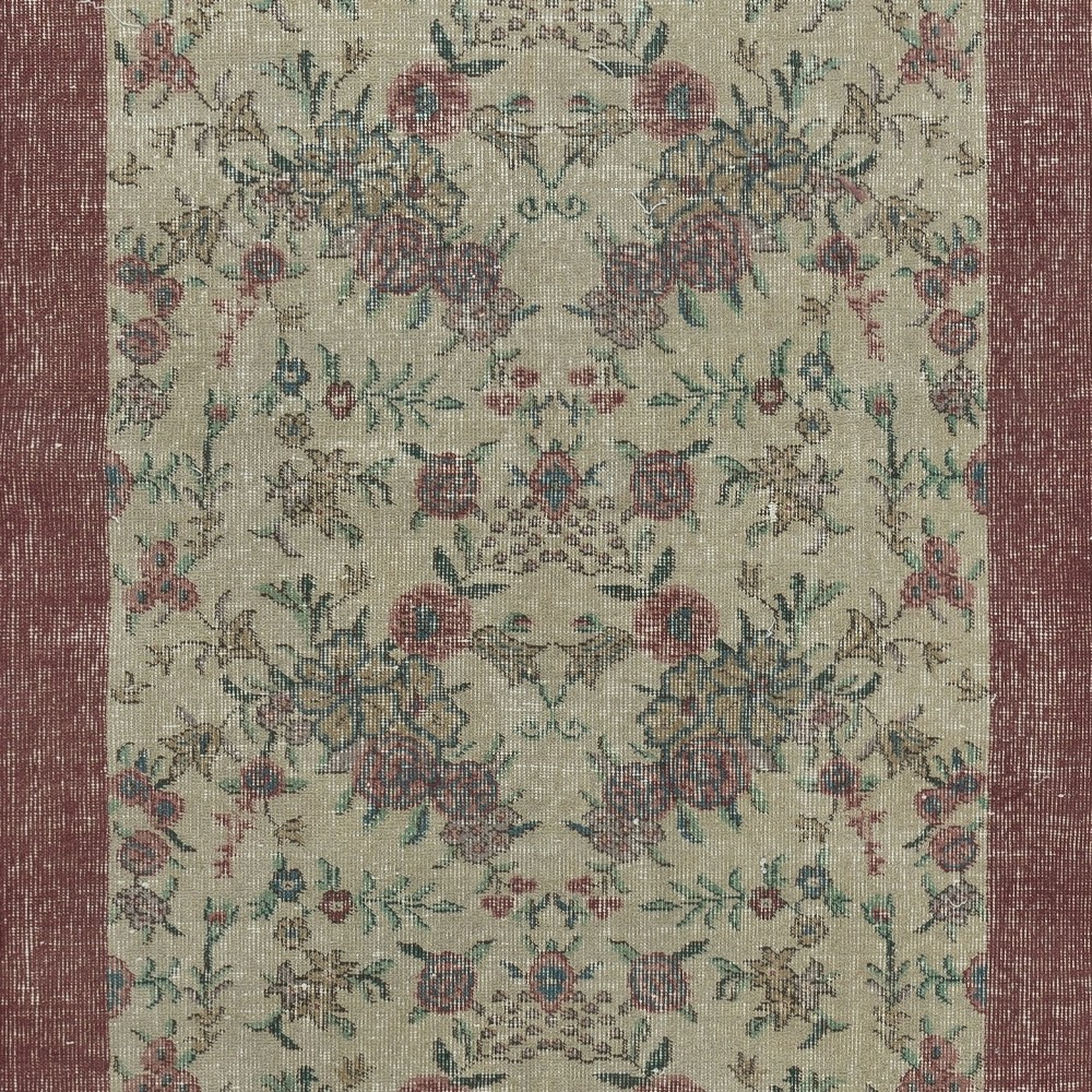 Vintage Handmade Beige Turkish Rug with Floral Design & Solid Red Border