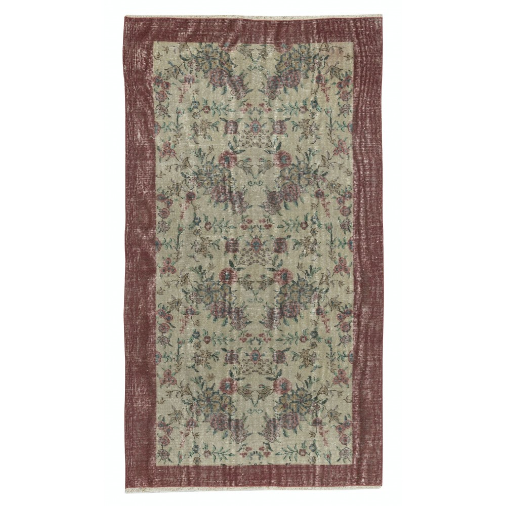 Vintage Handmade Beige Turkish Rug with Floral Design & Solid Red Border