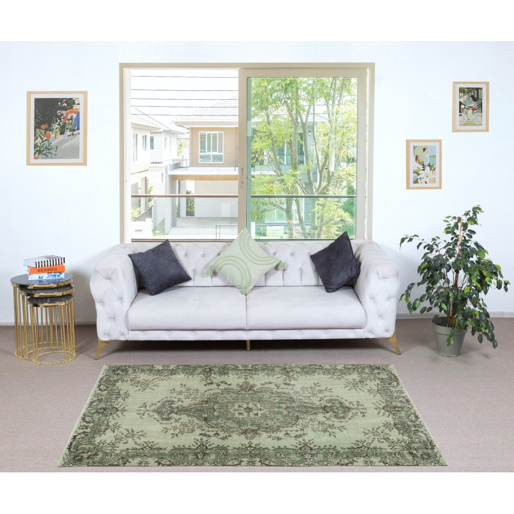 Contemporary Handmade Turkish Accent Rug in Light Green Color, Woolen Floor Covering