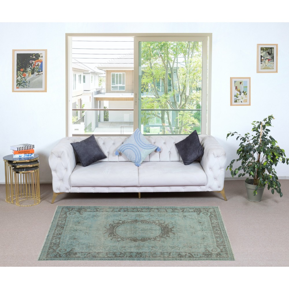 Blue Color Over-Dyed Small Rug. Handmade Turkish Accent Rug with Baroque Design