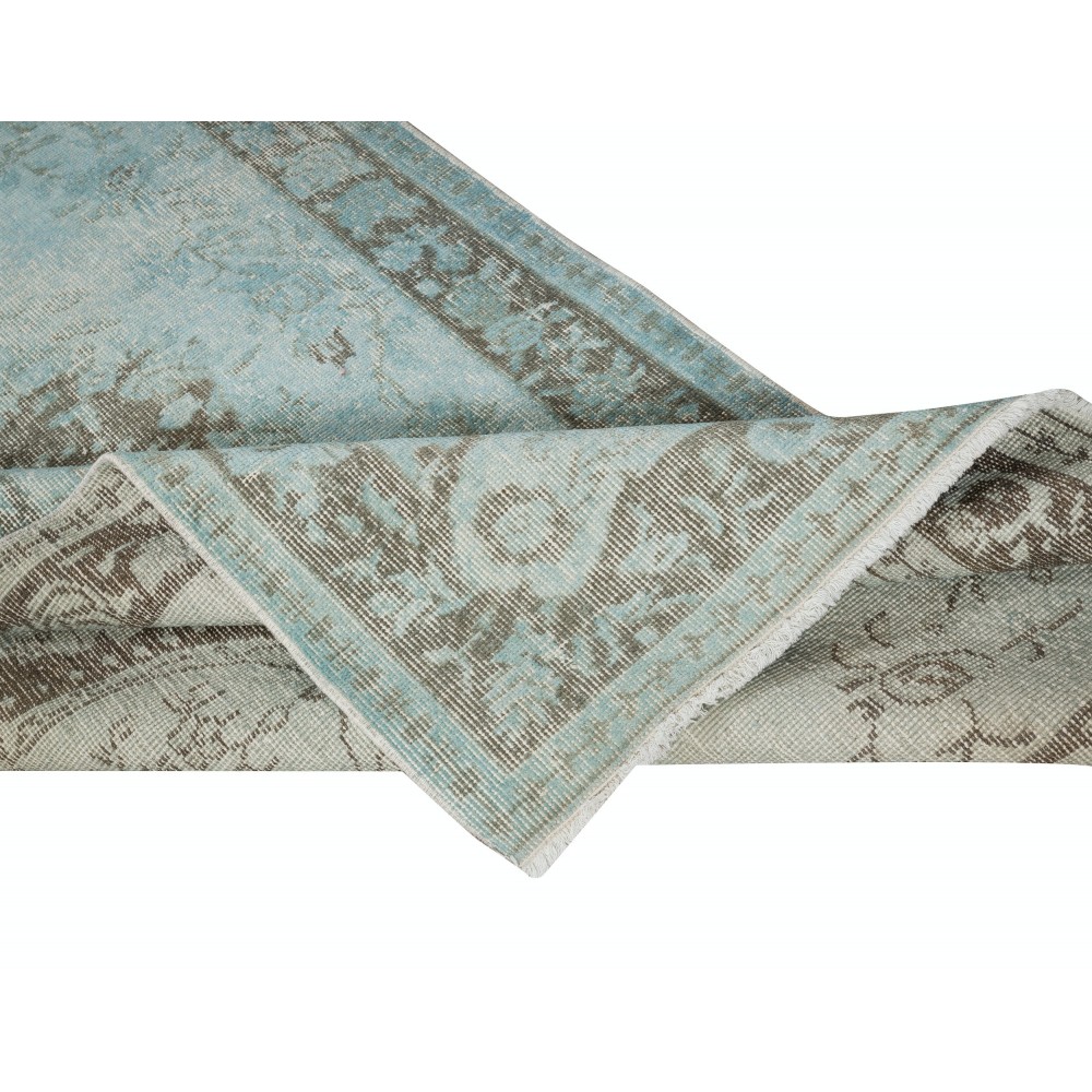Blue Color Over-Dyed Small Rug. Handmade Turkish Accent Rug with Baroque Design