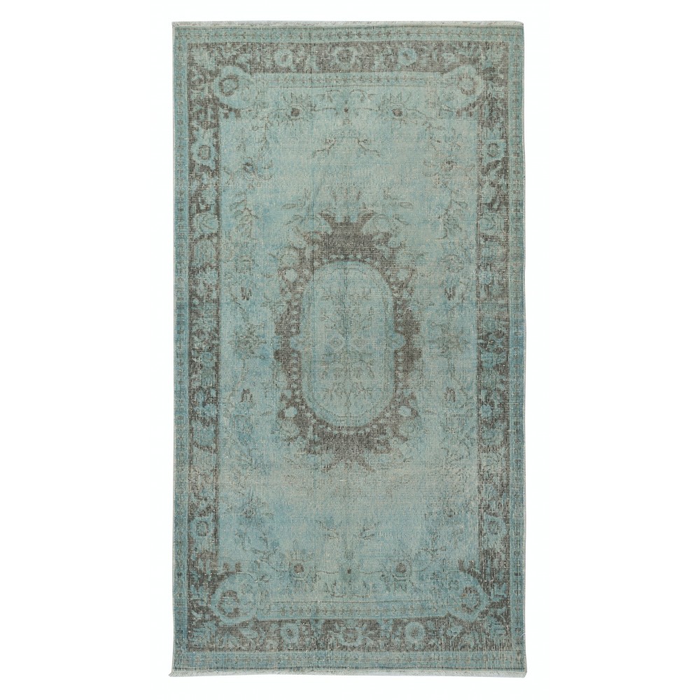 Blue Color Over-Dyed Small Rug. Handmade Turkish Accent Rug with Baroque Design
