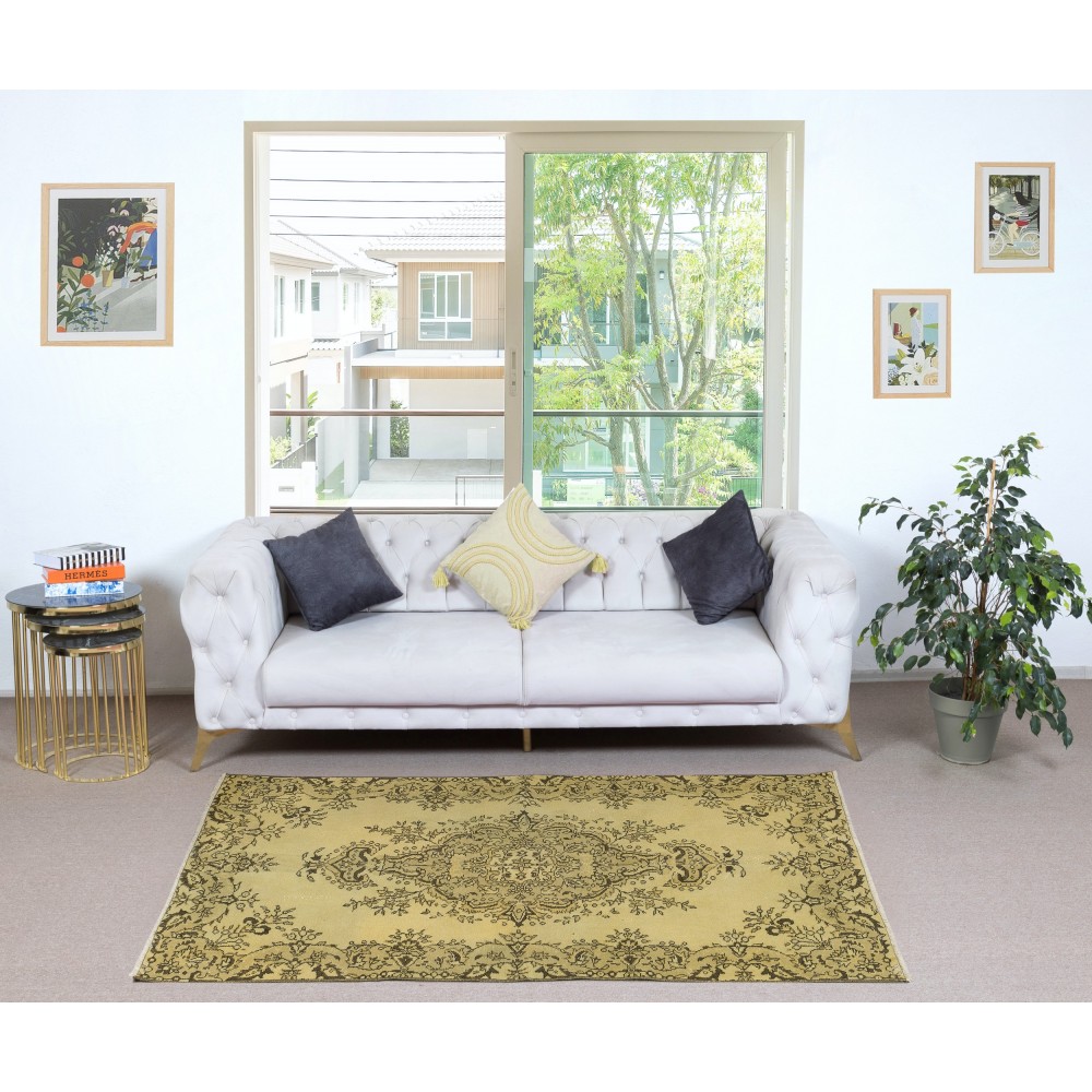 Modern Handmade Turkish Wool Area Rug in Yellow with Medallion Design
