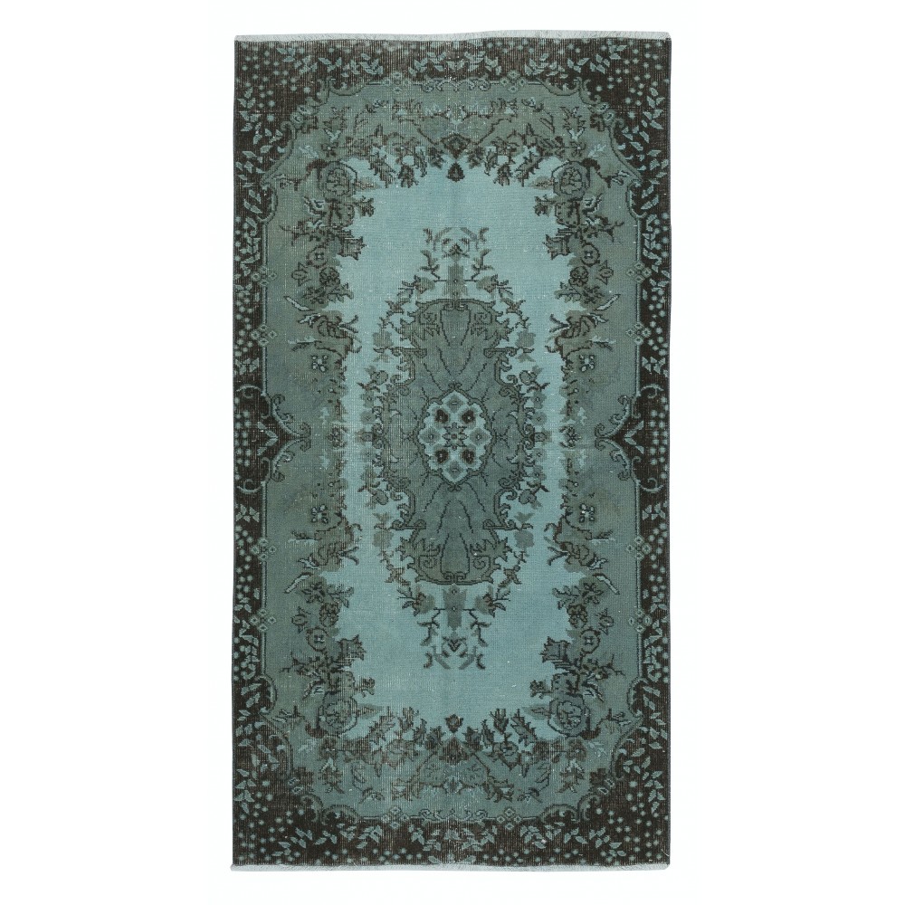 Modern Handmade Anti-Bacterial Turkish Accent Rug Re-Dyed in Blue. Woolen Floor Covering