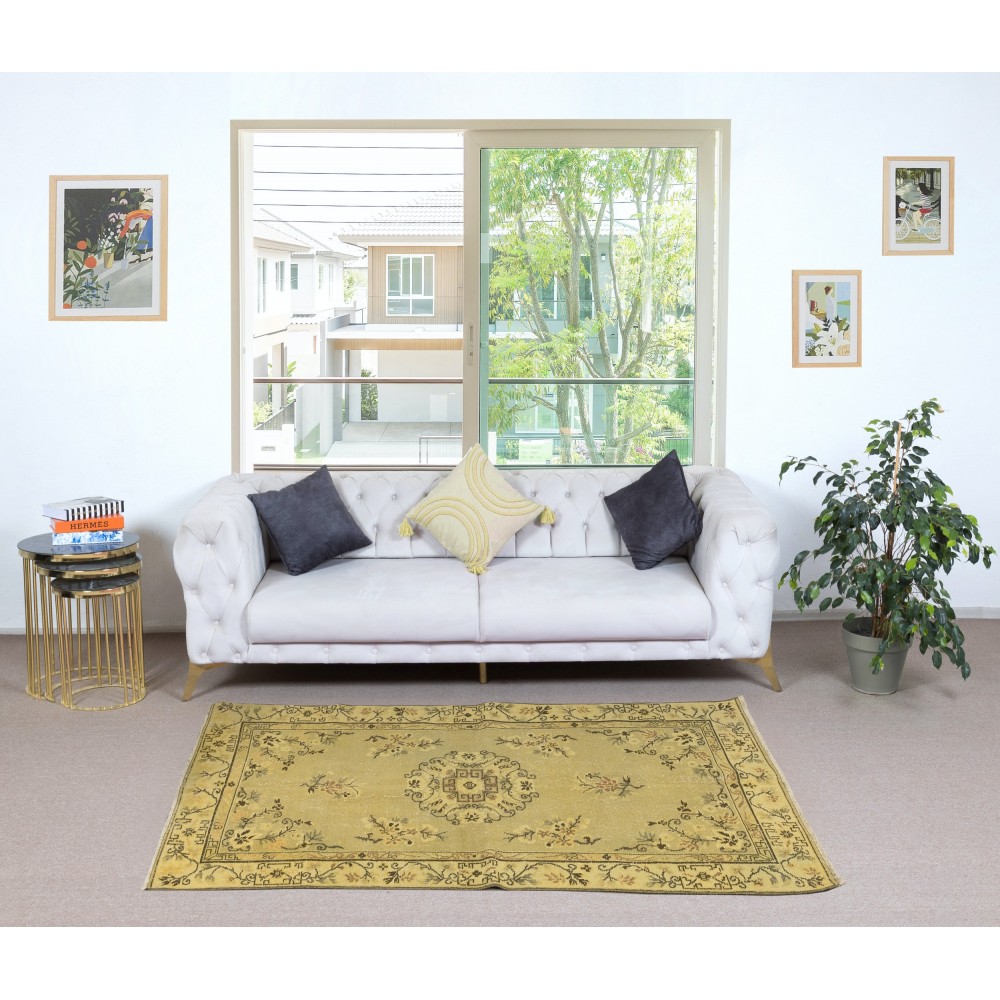 One of a pair Handmade Yellow Color Turkish Wool Rug with Art Deco Design